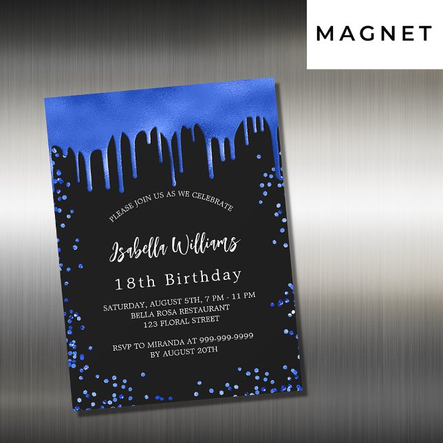 Birthday black royal blue drips luxury magnetic invitation (Creator Uploaded)