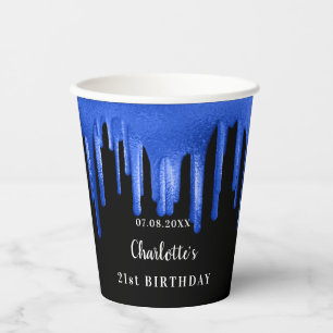 Birthday black royal blue glitter drips monogram paper cups