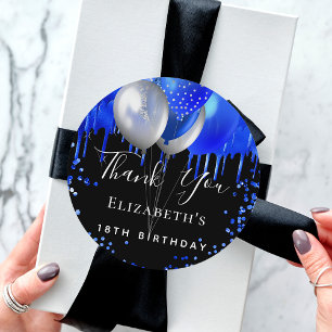 Birthday black royal blue glitter name thank you classic round sticker