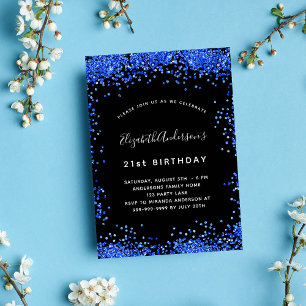 Birthday black royal blue sparkles party invitation