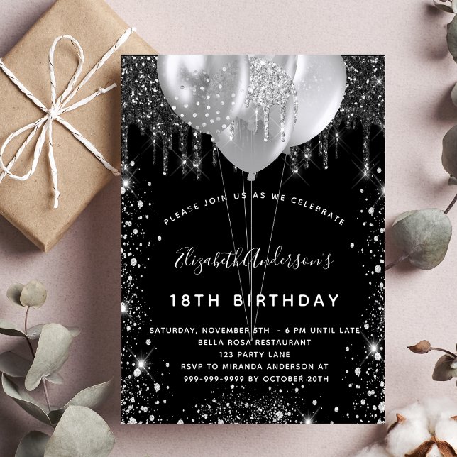 Birthday black silver glitter balloons  invitation (Creator Uploaded)
