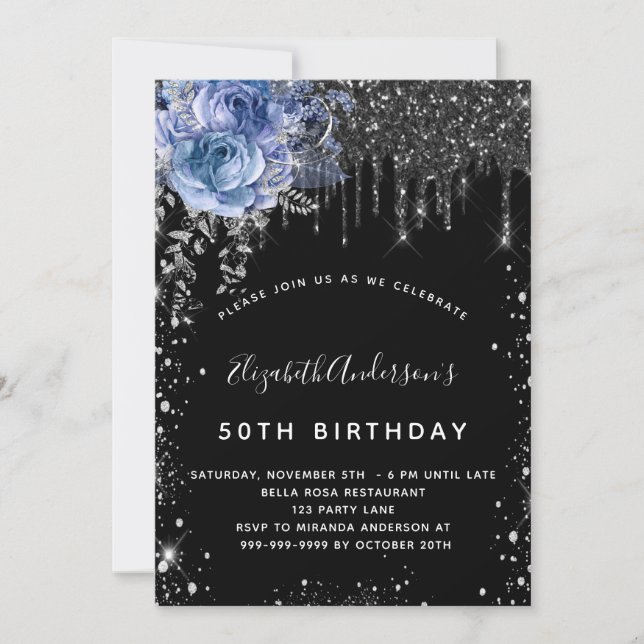 Birthday black silver glitter blue floral invitation (Front)
