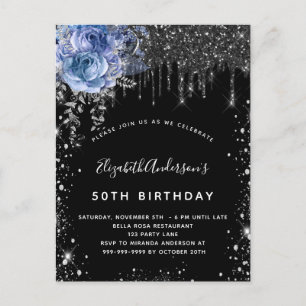 Birthday black silver glitter blue floral invitation postcard