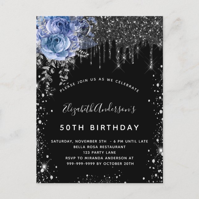 Birthday black silver glitter blue floral invitation postcard (Front)