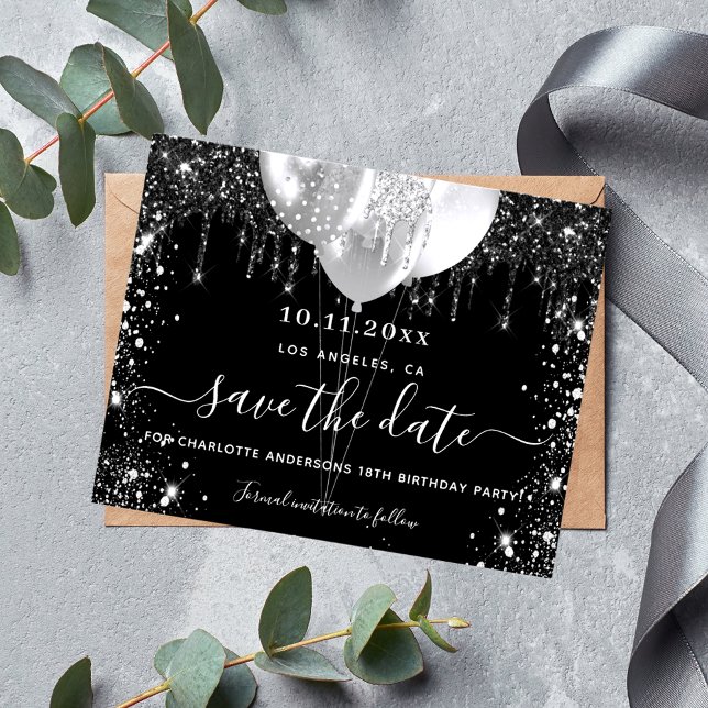 Birthday black silver glitter budget save the date flyer (Creator Uploaded)