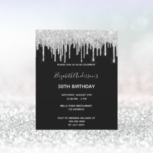 Birthday black silver glitter drips invitation postcard