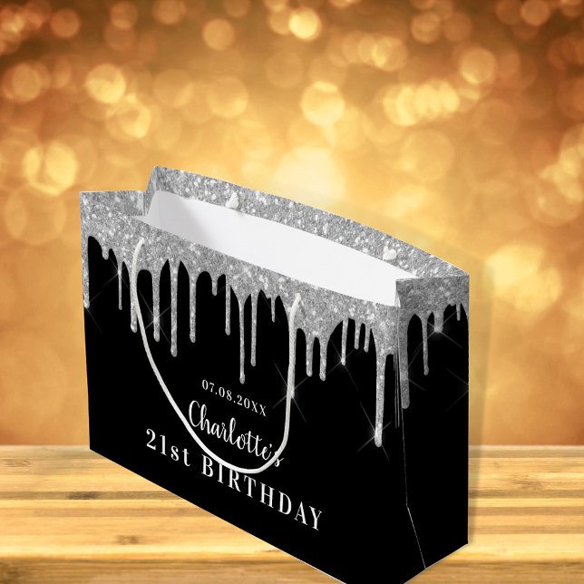 Birthday black silver glitter drips monogram name large gift bag (Creator Uploaded)