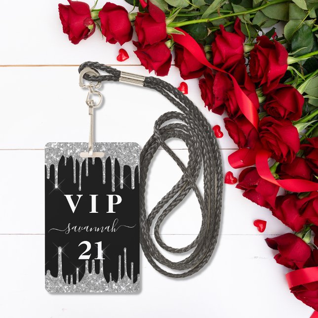 Birthday black silver glitter drips vip invitation ID badge (Creator Uploaded)