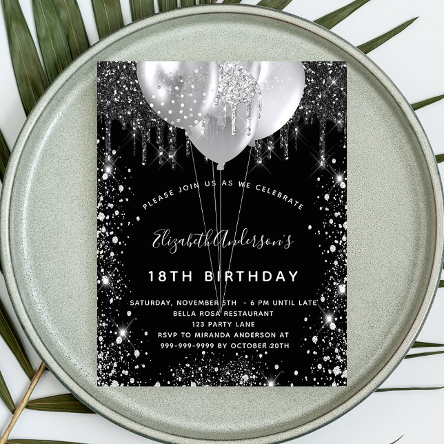 Birthday black silver glitter dust balloons invitation postcard (Creator Uploaded)
