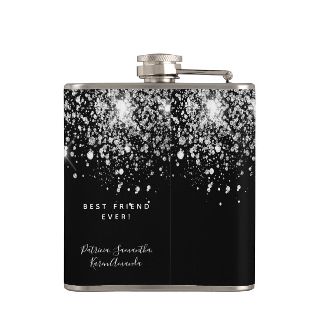 Birthday black silver glitter dust friends hip flask (Back)