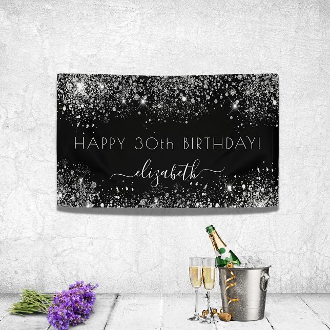 Birthday black silver glitter dust monogram banner (Creator Uploaded)