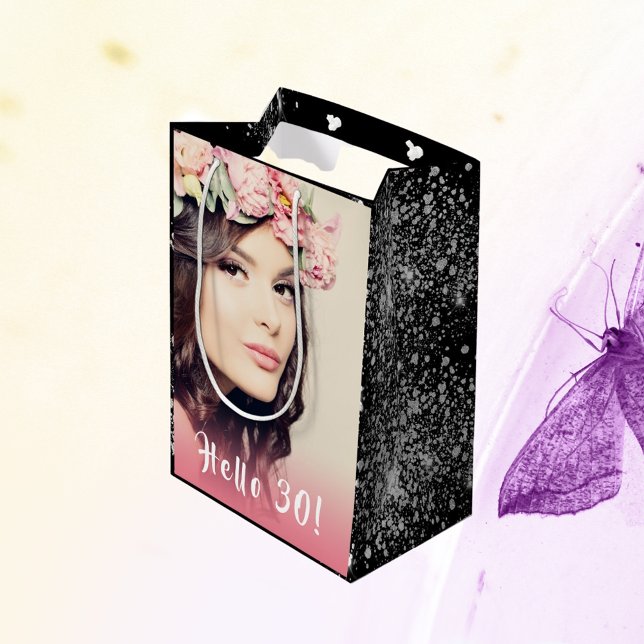 Birthday black silver glitter dust photo hello 30  medium gift bag (Creator Uploaded)