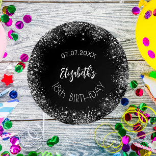 Birthday black silver glitter girl name paper plate