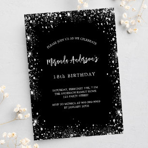 Birthday black silver glitter glamourous invitation postcard