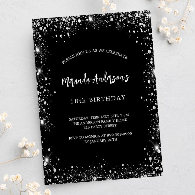 Birthday black silver glitter glamourous invitation postcard (Creator Uploaded)