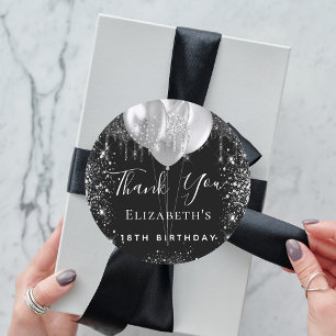 Birthday black silver glitter name thank you  classic round sticker