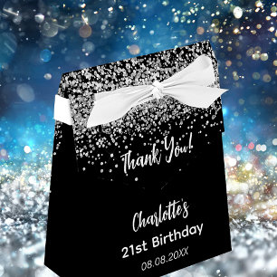 Birthday black silver glitter name thank you favour box