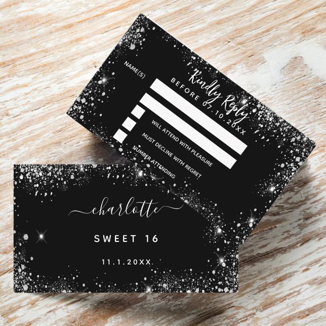 Birthday black silver glitter party RSVP Enclosure Card (Creator Uploaded)