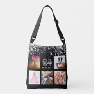 Birthday black silver glitter photo collage name crossbody bag