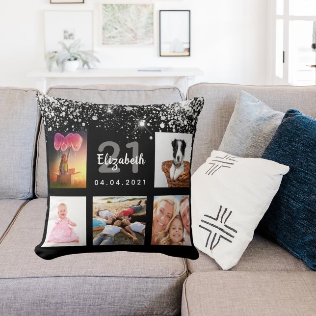 Birthday black silver glitter photo collage name cushion (Creator Uploaded)