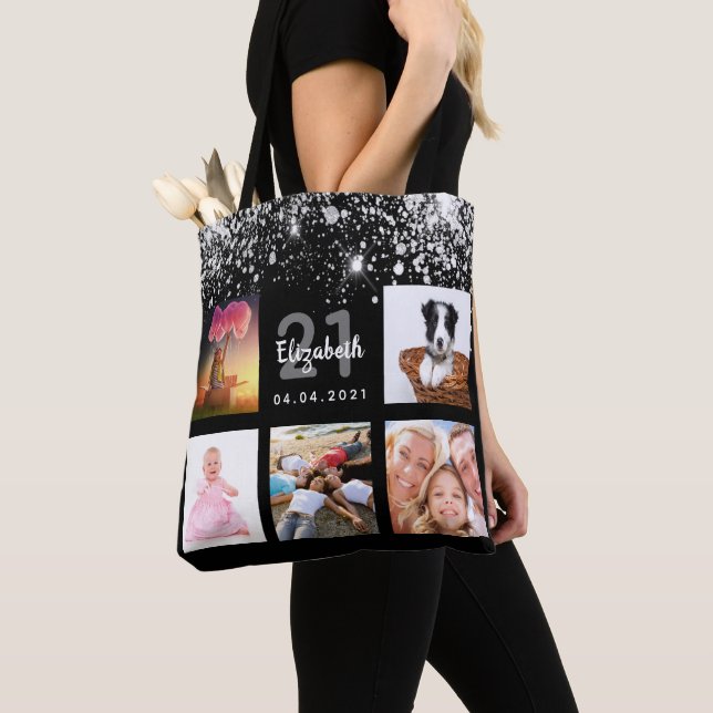 Birthday black silver glitter photo collage name tote bag (Close Up)