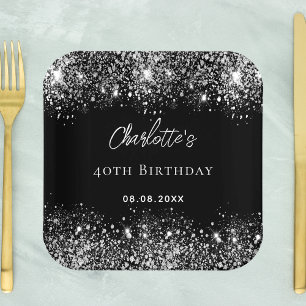 Birthday black silver glitter sparkles paper plate