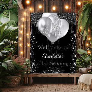 Birthday black silver glitter welcome balloons poster