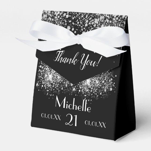 Birthday black silver glitter white monogram favour box (Front Side)