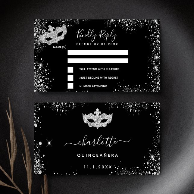 Birthday black silver masquerade RSVP Enclosure Card (Creator Uploaded)