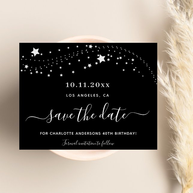 Birthday black silver stars budget save the date flyer (Creator Uploaded)