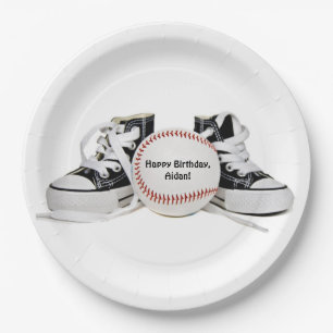 birthday black sneakers and baseball on white paper plate