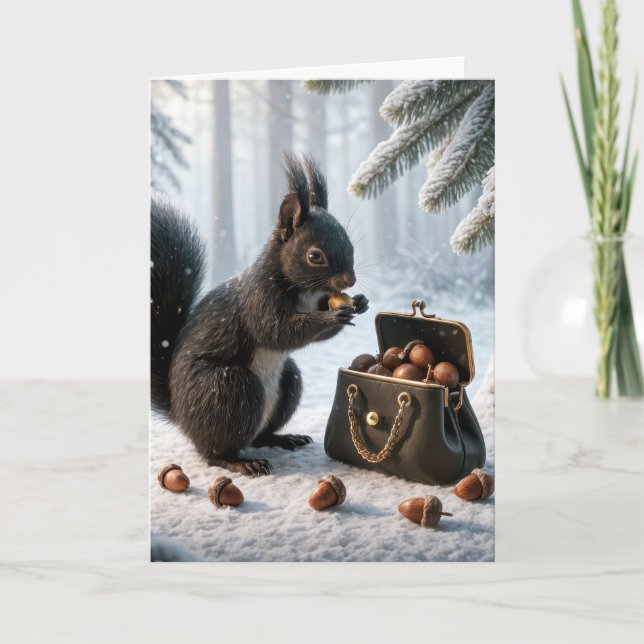 Birthday Black Squirrel Saving Acorns In Purse Card (Front)