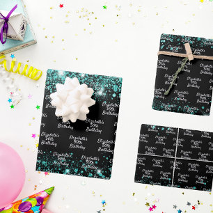 Birthday black teal green glitter name  wrapping paper sheet