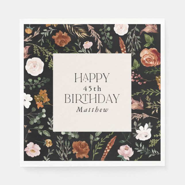 Birthday black terracotta floral modern botanical napkin (Front)