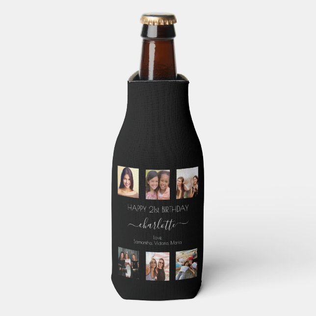 Birthday black white friends photo bottle cooler (Bottle Front)