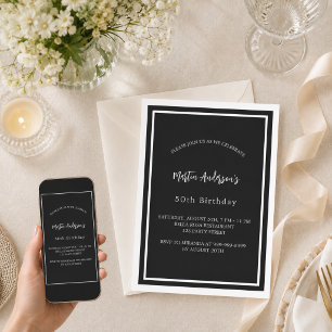 Birthday black white minimalist men guy invitation