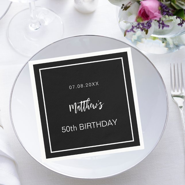 Birthday black white minimalist men guy napkin (Creator Uploaded)