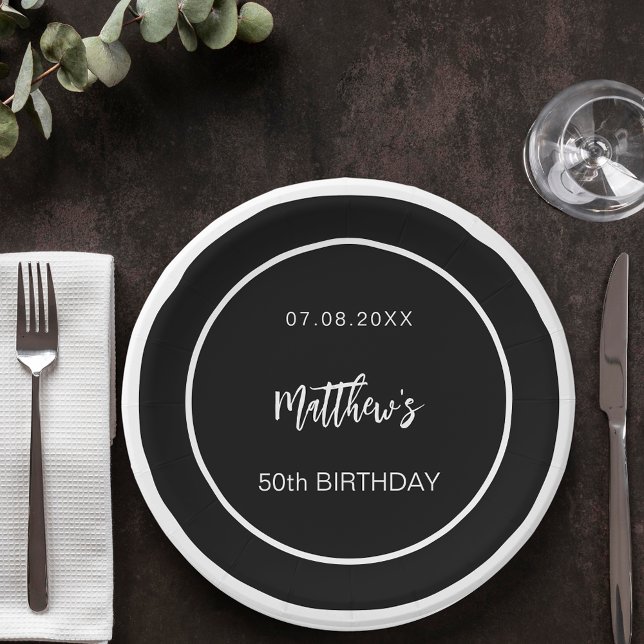 Birthday black white minimalist men guy paper plate (Creator Uploaded)