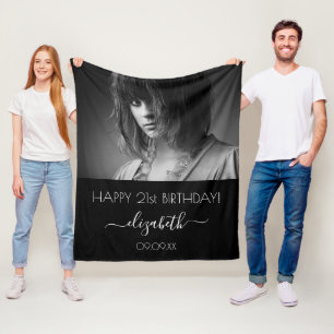 Birthday black white modern script photo fleece blanket
