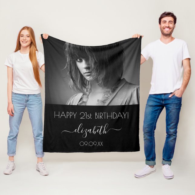 Birthday black white modern script photo fleece blanket (In Situ)