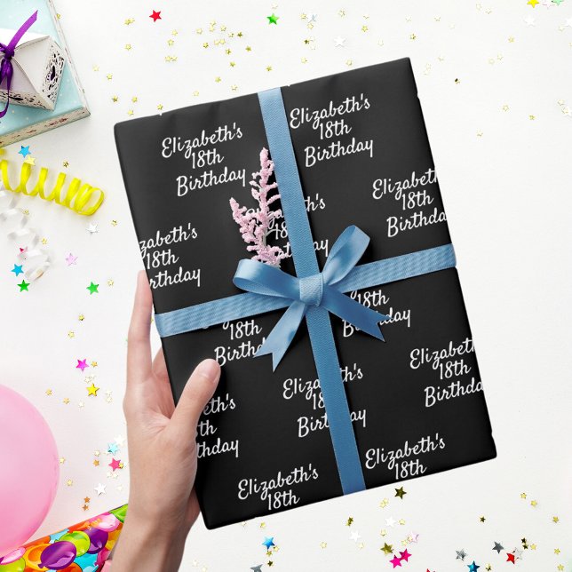 Birthday black white name script minimalist wrapping paper (Creator Uploaded)