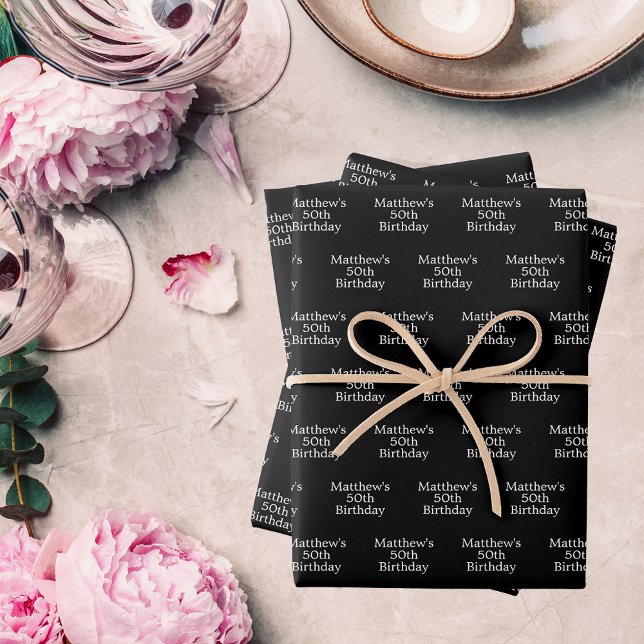 Birthday black white name script minimalist wrapping paper sheet (Creator Uploaded)