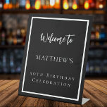 Birthday black white party welcome pedestal sign<br><div class="desc">A black background and a white frame.  Personalise and add a name and age.</div>