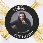Birthday black white photo classic round sticker<br><div class="desc">A classic black background. Personalise and add his name,  age and photo.</div>