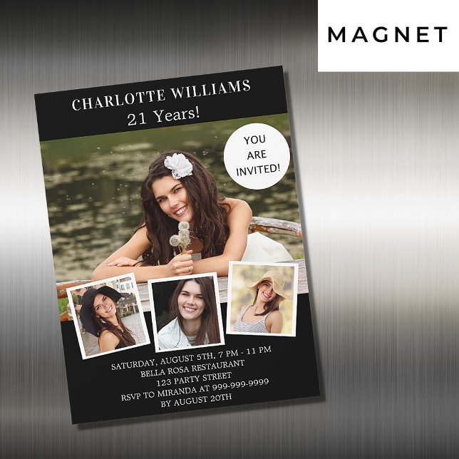 Birthday black white photo collage luxury magnetic invitation (Creator Uploaded)