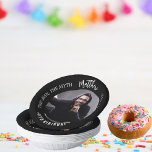 Birthday black white photo man myth legend paper plate<br><div class="desc">A classic black background.   Text: The Man,  The Myth,  The Legend. Personalise and add his name,  age and photo.</div>