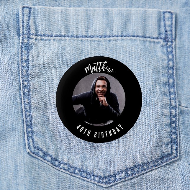 Birthday black white photo name 6 cm round badge (Creator Uploaded)