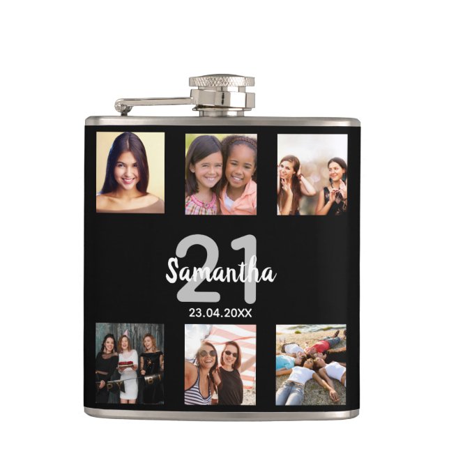 Birthday black white photo name Fun Hip Flask (Front)