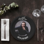 Birthday black white photo paper plate<br><div class="desc">A classic black background. Personalise and add his name,  age and photo. White text,  curved.</div>