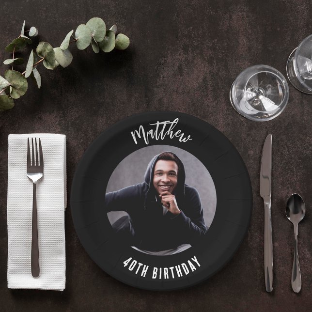 Birthday black white photo paper plate (Creator Uploaded)